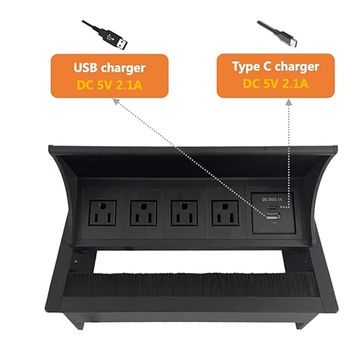 ZESHAN Brush Cable Cubby Connectivity Box Conference Table Power Box with Power Socket, USB and Type C Charger, Black-DeskLoop Office