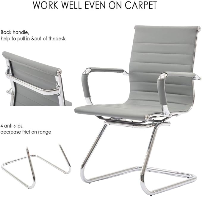 Office Desk Chair Set of 6,No Wheels PU Leather Computer Chairs Mid Back Guest Chairs with Seld Base for School/Reception/Conference/Waiting Room,Grey-DeskLoop Office