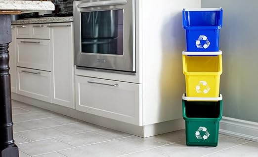 6 Gallon Stackable Recycling Bins for Homes, Garages, Offices Made of 100% Recycled Plastic - (Yellow, 3 Pack)-DeskLoop Office