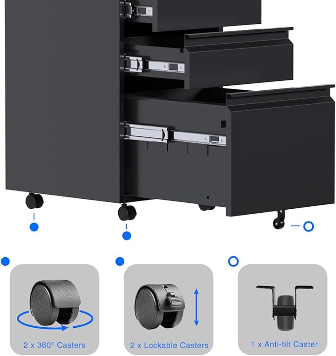 3 Drawer Steel Mobile File Cabinet with Lock for Legal/Letter/A4 Folders, 23.6''H Rolling File Cabinet for Home, Office, Fully Assembled Except Wheels, Black-DeskLoop Office