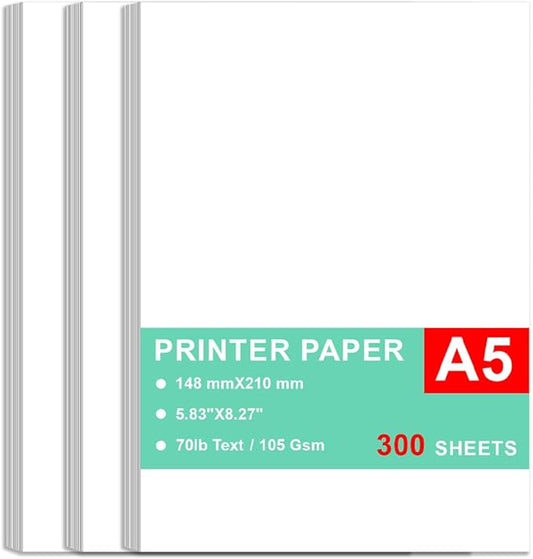 Printer Paper - 300 Sheets, A5 Premium Bright White Paper, 28lb Bond / 70lb Text (105 gsm) Bright White Paper – Great for Copy, Printing, Writing, 5.83" x 8.27" (148 x 210 mm)-DeskLoop Office