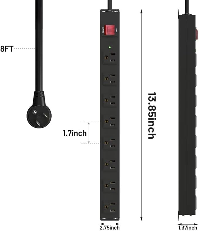 KF 8 Outlet Heavy Duty Power Strip Surge Protector, 2100J Surge Protection Black Power Strip, 15A/1875W Mountable Power Strips, 14AWG 6FT Extension Cord, Black(8FT-2100J)-DeskLoop Office