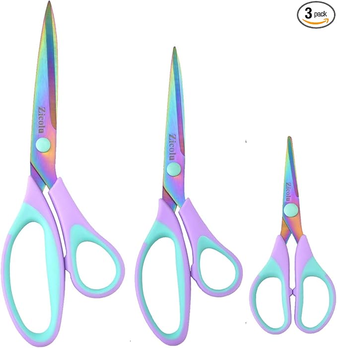 Craft Scissors Set of 3 pack, Sharp Rainbow Titanium Coating All Purpose Scissors, Ergonomic Semi-Soft Rubber Grip, Suitable for School, Office and Household Use, 9.2''/8.5''/5.6"-DeskLoop Office
