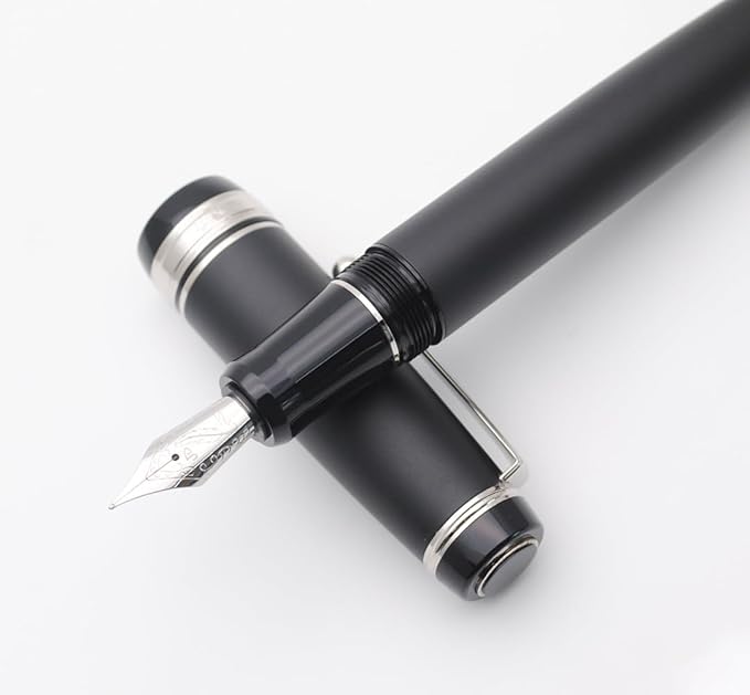 Metal Big Fountain Pen Set Medium Nib 0.7mm, Includes Ink Refill Converter, 5 Ink Cartridges & Gift Box (Medium Nib 0.7mm, Matte Black with Silvery Clip)-DeskLoop Office