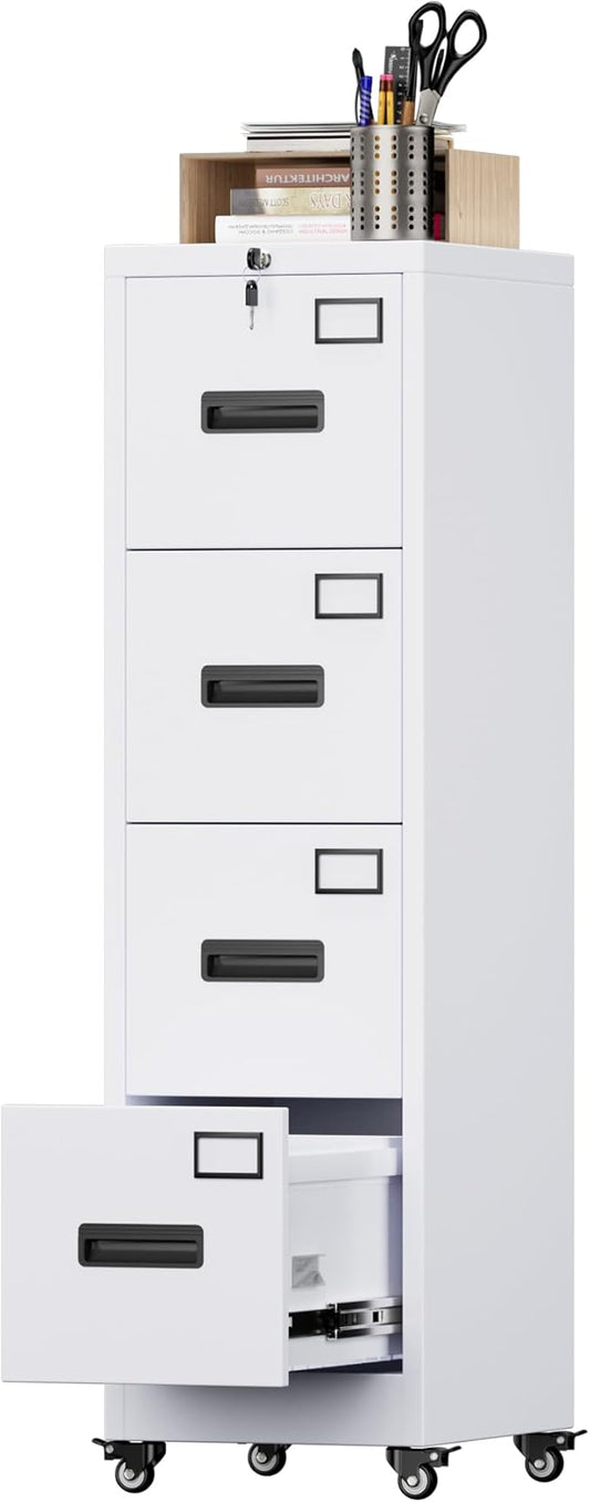Aobabo 56" H 4 Drawer Moblie Office File Cabinet with Lock, Rolling Metal Filing Storage Cabinet, Legal/Letter A4 Size, White, Assembly Required-DeskLoop Office