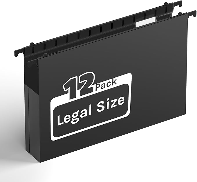 Extra Capacity Legal Size Plastic Hanging File Folders,2" Expanding Accordian Pocket with Black Insert Gasket,Heavy Duty for Filing Cabinet,Hard and Durable Hang Folders,Legal Size,12 Pack(Black)-DeskLoop Office