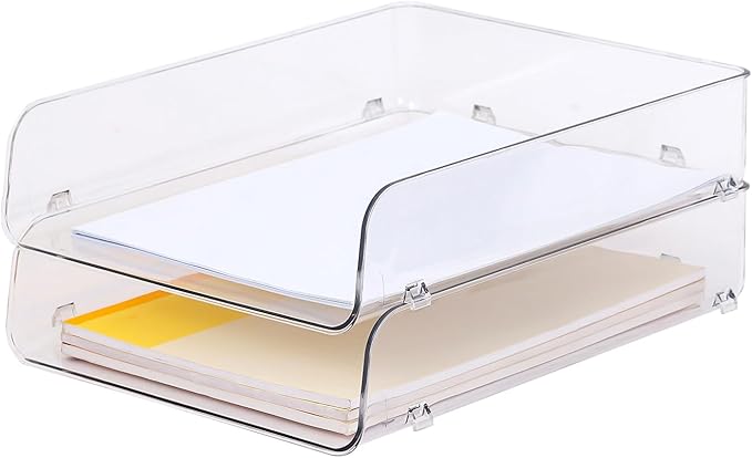 Gagee 2 Pack Paper Organizer for Desk,Clear Stackable Paper Sray, Office Desk Organizer for Notes, Pens, File, Document, Paper Holder -DeskLoop Office