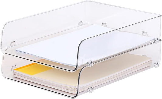 Gagee 2 Pack Paper Organizer for Desk,Clear Stackable Paper Sray, Office Desk Organizer for Notes, Pens, File, Document, Paper Holder -DeskLoop Office