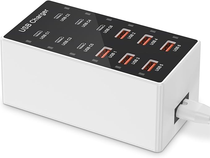 USB C Charger 12-Ports Charging Station for Multiple Devices - Wall Power Hub Strip Smart Plug Dock Block 6A 6C for iPhone Xs/XR, iPad, iPod, Laptops and Smart Phones 60W-DeskLoop Office