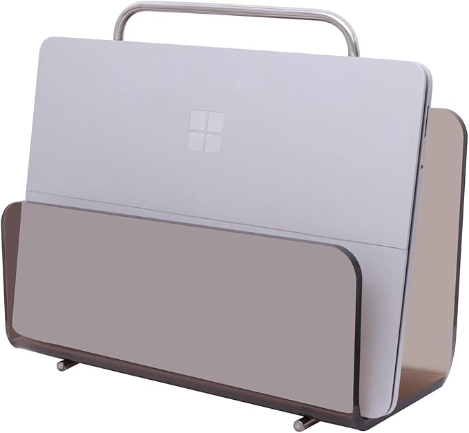 Magazine Holder, Brown Clear Acrylic with Stainless Steel Handle, Tabletop Display Stand-DeskLoop Office