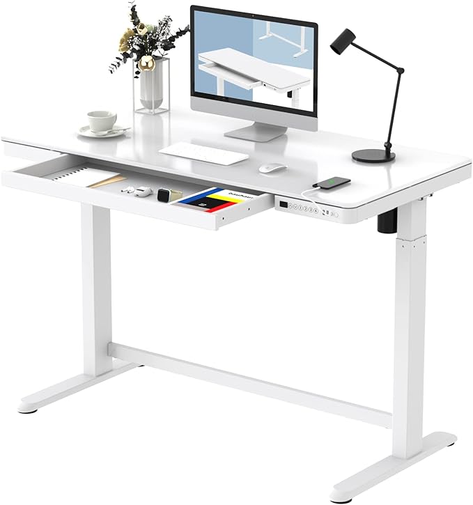 FLEXISPOT Electric Glass Standing Desk with Drawer Desktop & Adjustable Frame Quick Install w/USB Charge Ports, Child Lock (White, Glass)-DeskLoop Office