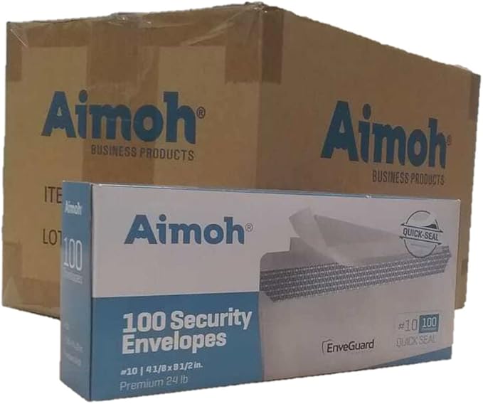 Aimoh #10 Security Tinted Self-Seal Envelopes - No Window - EnveGuard, Size 4-1/8 X 9-1/2 Inches - White - 24 LB - 1 Case - 12 Packs - 1,200 Envelopes (34100-CS)-DeskLoop Office