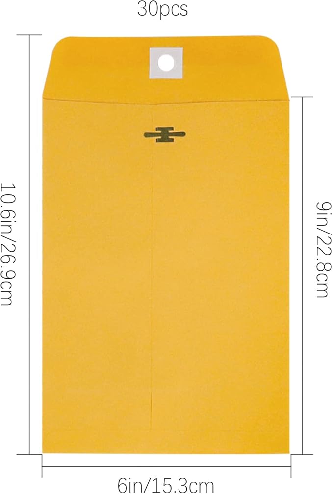 6” x 9” Clasp Envelopes with Gummed Seal Brown Kraft Catalog Envelopes Clasp Mailing Envelopes for Home, Office, Business 28 lb Kraft Paper,Pack of 30-DeskLoop Office
