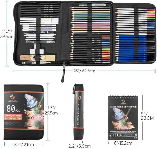 H & B 80-Pack Colored Sketching Art Pencil Set with 3-Color Sketchbook and Coloring Book - Includes Graphite, Watercolor, Metallic, and Oil-Based Colored Pencils-DeskLoop Office