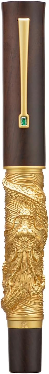 Hongdian N24 Fountain Pen Fine Nib, Golden Dragon Stereoscopic Carving with Red Wood Design-DeskLoop Office