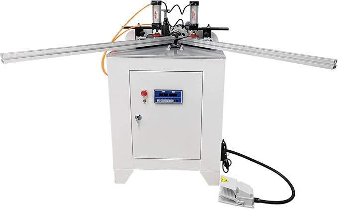 45° Corner Cutting And Punching Machine 220V 5-40mm Drilling Depth with 2 Spindles 8-inch Alloy Saw Blade Woodworking Drilling Tool for Wood Aluminum 1.5KW-DeskLoop Office