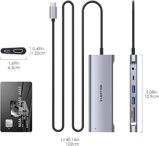 LENTION 3.3FT Long Cable USB C Hub with 4K HDMI, 2 USB 3.0, Card Reader, Aux, Type C Data/Charging Compatible 2024-2016 MacBook Pro, Mac Air/Surface, More, Stable Driver Adapter (CB-C37, Space Gray)-DeskLoop Office