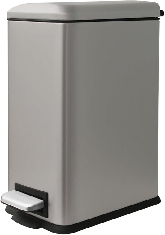 Grey Trash Can, 2.6 Gallon Bathroom Trash Can with Lid, Stainless Steel Garbage Can with Removable Liner, 10 Liter Rectangle Step Trash Bin for Office, Kitchen, Bedroom, Living Room, Dorm-DeskLoop Office