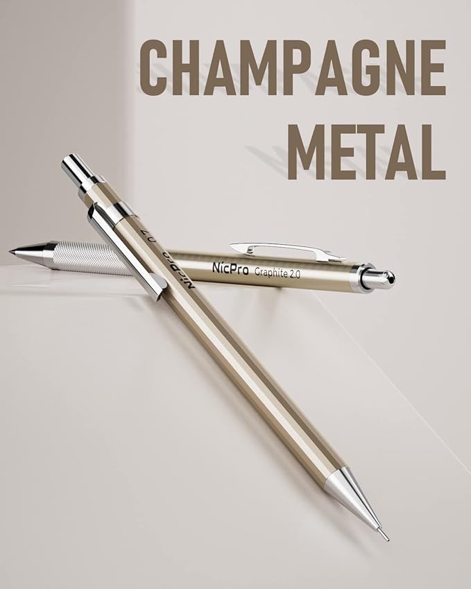 Nicpro 5 PCS Art Mechanical Pencils Set, Metal Drafting Pencil 0.3 & 0.5 & 0.7 & 0.9 & 2mm Graphite Lead Holder(4B 2B HB 2H Colored) for Sketching Drawing With Lead Refills Eraser Case-DeskLoop Office