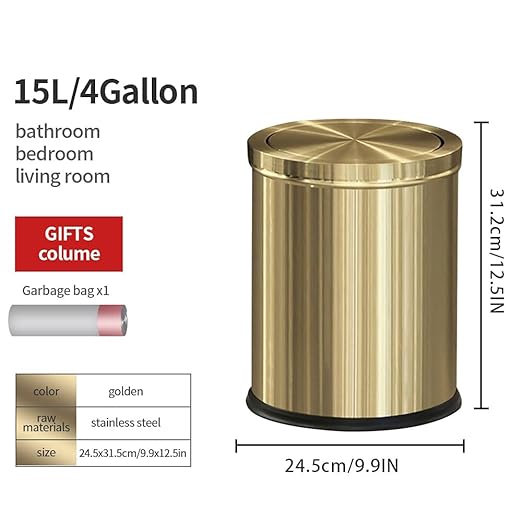 15L/4GAL Gold Bathroom Trash Can, Small Waste Basket with Flipping Lid,Modern Trash can, Golden Trash Can for Bathroom,Kitchen,Living Room,Hotel,Office(Singer Gold)-DeskLoop Office