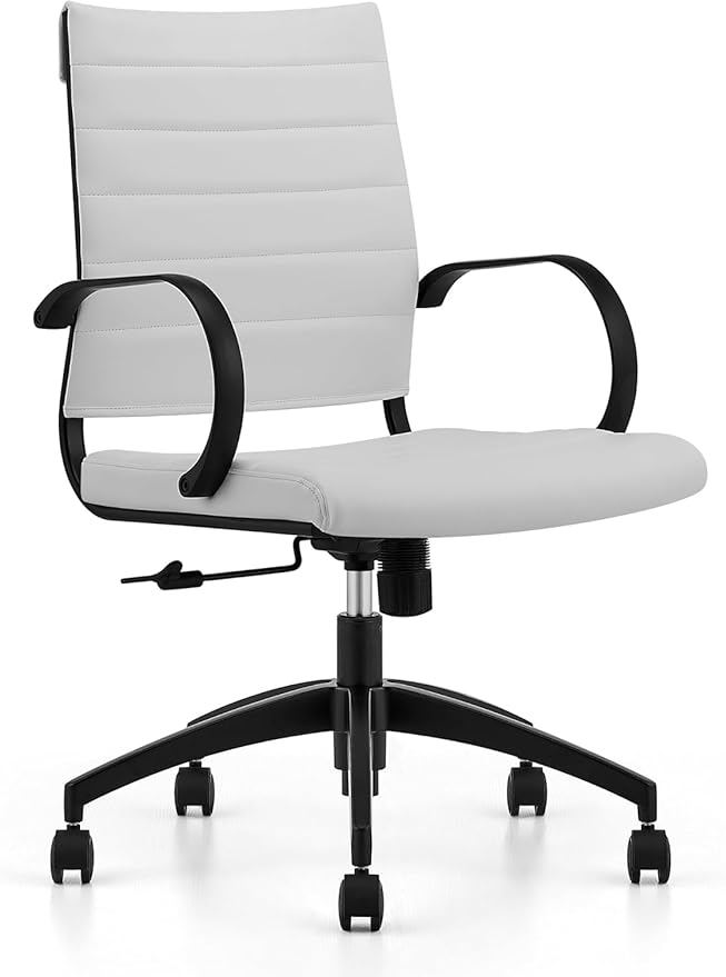 Ribbed Mid Back Conference Room Chairs - Lumbar Support, Modern Executive Home Office Chair - White Leather Seat & Black Aluminum Frame-DeskLoop Office