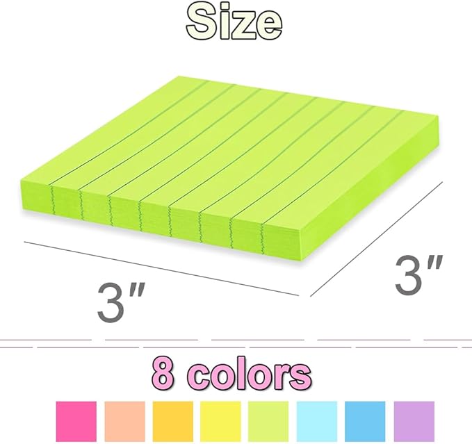 (16 Pack) Lined Sticky Notes 3x3 in Ruled Stickies Super Sticking Power Memo Pads Bright Colors-DeskLoop Office