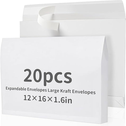 20 Pcs 12 x 16 x 1.6 Inch Large Expandable Catalog Envelopes Manilla Kraft Peel and Seal Envelopes Light Large Mailing for Office Home Documents Magazines Photos Storage Organizing (White)-DeskLoop Office