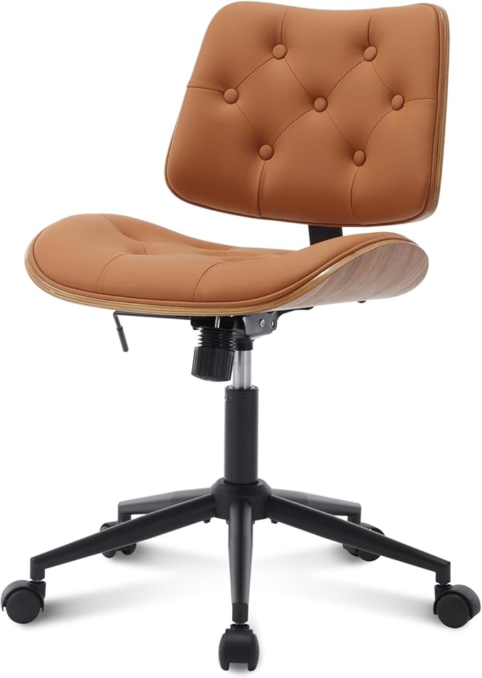 Armless Home Office Chair with Wheels, PU Leather Adjustable Height Computer Desk Chair, 360 Swivel Small No Arms Chair, Modern Button Walnut Style for Office, Reading Meeting Room(Brown)-DeskLoop Office
