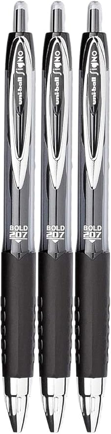 Signo 207 Roller Ball Retractable Gel Pens, Bold Point (1.0mm), Black Ink, 3 Count, Bundle with Plastic Reusable Pouch-DeskLoop Office