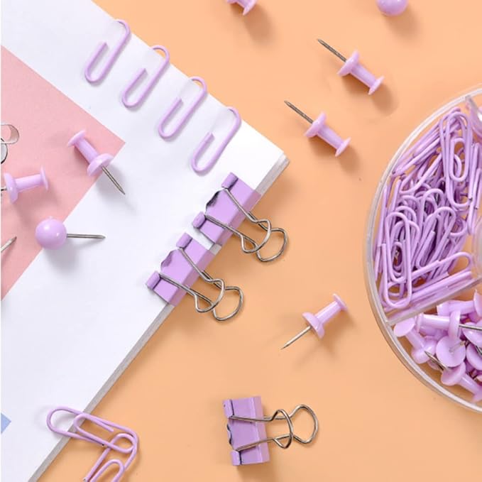 Purple Binder Clips and Paper Clips Push Pins Tacks Sets, Total 72 PCS Assorted Sizes Office Supplies Set for Women, Student, School, Home & Desk Supplies-DeskLoop Office