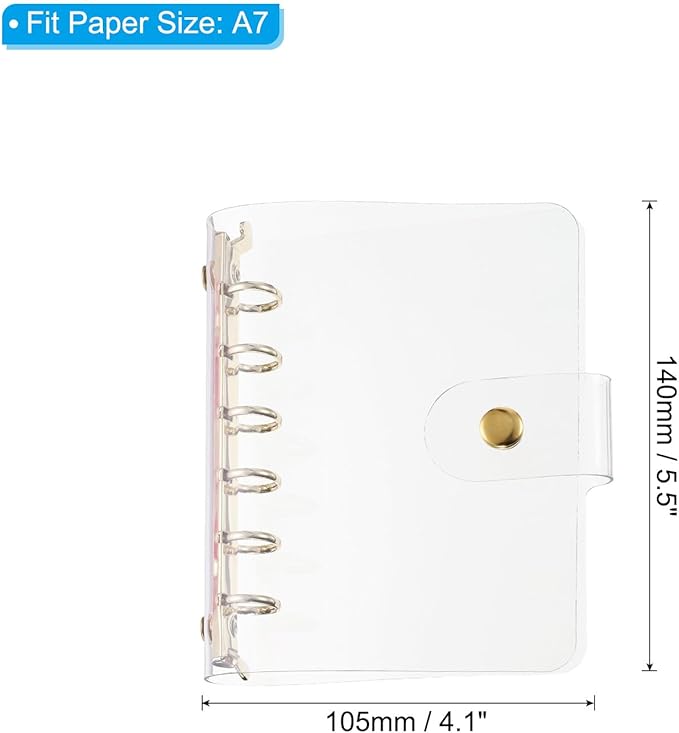 PATIKIL A7 Clear Binder Cover, Soft PVC Loose Leaf Binder Protector Refillable Notebook Shell with Snap Button Closure 6 Ring for DIY Meeting Notebook Folder, Gold Tone