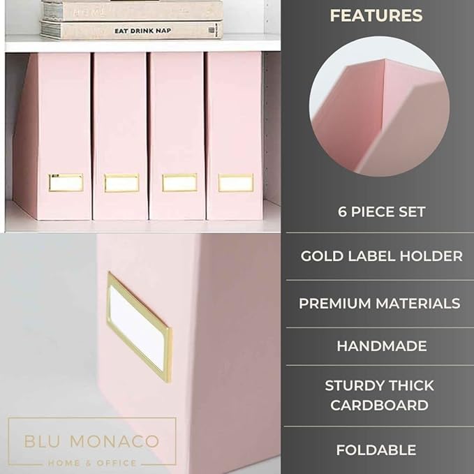 BLU MONACO Set of 6 Foldable Pink Magazine Holder with Gold Label Holders – Cute Stylish Magazine Storage for Shelves, and Closets – Book Bins, File Desk Organizer, and Document Storage-DeskLoop Office