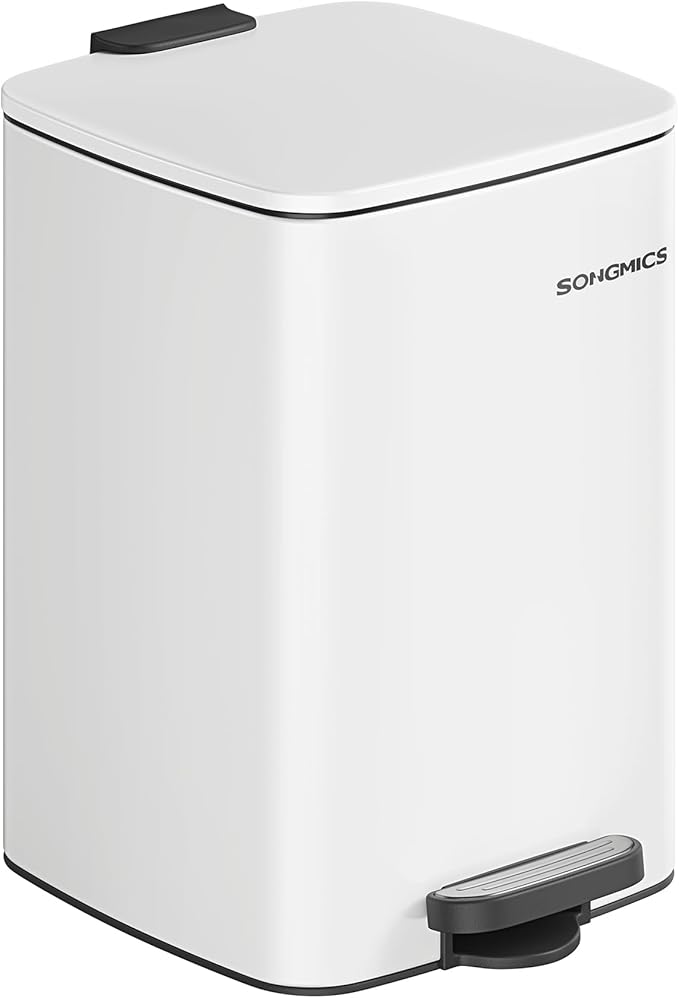 SONGMICS Kitchen Trash Can, 5.2-Gallon (20 L) Trash Bin, Stainless Steel Garbage Can, with Inner Bucket, Soft Close and Stays Open, Cloud White ULTB592W01-DeskLoop Office