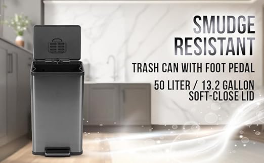 Simpli-Magic 13.2 Gallon (50L) Step Trash Can – Kitchen Garbage Can with Slow-Close Lid – Odor Control, Hands-Free, Easy to Clean, Brushed Stainless Steel-DeskLoop Office