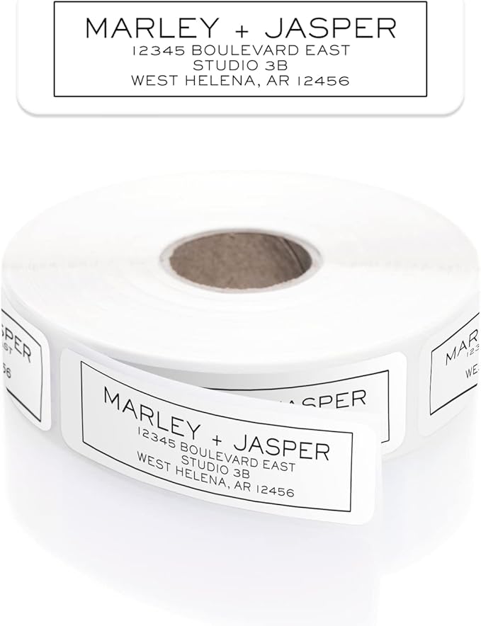 Simple Modern Outline Rolled Address Labels/Roll of 250 Square Box Personalized Address Labels/Designer Return Address Stickers in Elegant Plastic Dispenser-DeskLoop Office
