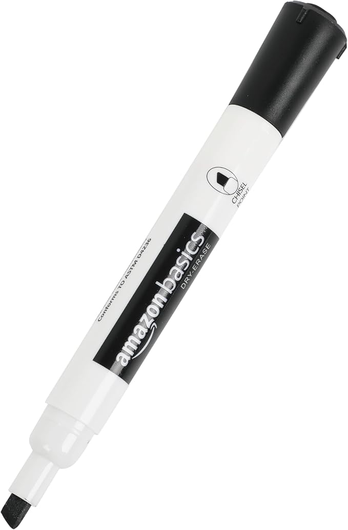 Amazon Basics Low-Odor Chisel Tip Dry Erase Whiteboard Marker, Pack of 4, Black, Red, Green, Blue-DeskLoop Office