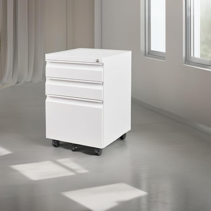 Letaya 3 Drawer Mobile File Cabinet with Lock, Under Desk Metal Filing Cabinets for Home Office Organizer Letters/Legal/A4(Fully Assembled-White)-DeskLoop Office