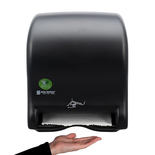 San Jamar Ecologic Smart Essence Recycled Plastic Electronic Paper Towel Dispenser, Universal Roll Capacity, Wall Mounted Dispenser with Zero Waste for Home and Business Universal, Black-DeskLoop Office