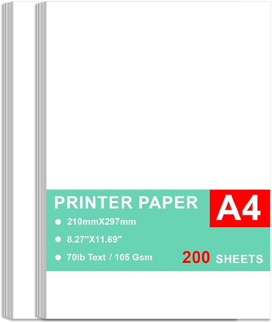 Printer Paper - 200 Sheets, A4 Premium Bright White Paper, 28lb Bond / 70lb Text (105 gsm) Bright White Paper – Great for Copy, Printing, Writing, 8.27" x 11.69" (210 x 297 mm)-DeskLoop Office