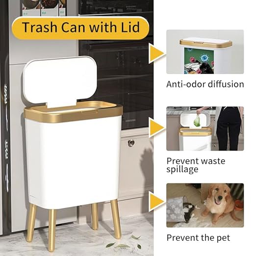Procade 2Pack Trash Can with Lid, Modern Bedroom Garbage Can with Gold Edge, Slim Kitchen Garbage Bin,4 Gallon Trash Bin Plastic Waste can for Office, Living Room,Toilet,Bathroom (Black+White)