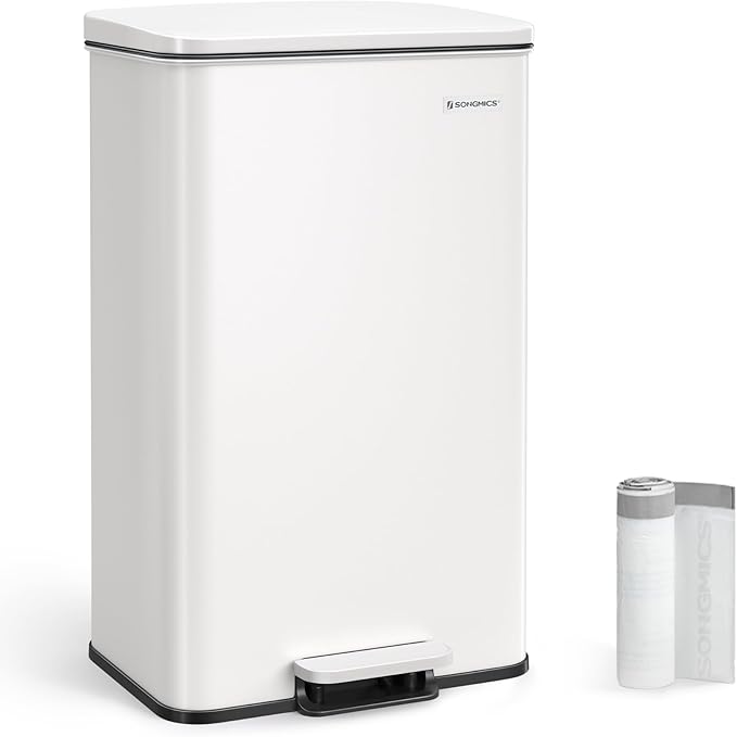SONGMICS Kitchen Trash Can, 10.5 Gallon (40 L) Garbage Can, Large Step Trash Bin with Lid, Stainless Steel, Soft Close, 15 Trash Bags Included, White ULTB540W40-DeskLoop Office
