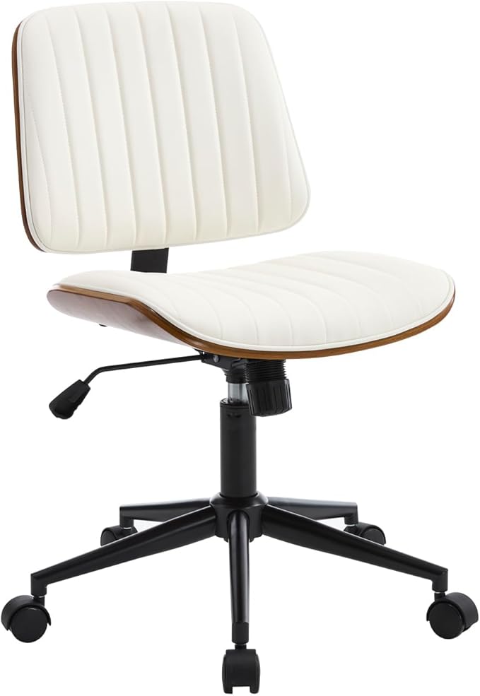 Small Home Office Chair - Armless Mid Back Desk Chair with 360° Swivel and Wheels, PU Upholstered Height Adjustable Modern Walnut Computer Chair for Home, Office Meeting Room - Black-DeskLoop Office