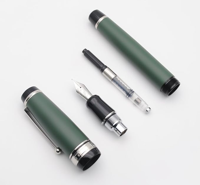Metal Big Fountain Pen Set Medium Nib 0.7mm, Includes Ink Refill Converter, 5 Ink Cartridges & Gift Box (Medium Nib 0.7mm, Matte Green with Silvery Clip)-DeskLoop Office