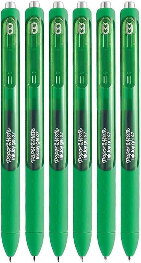 Paper Mate InkJoy Gel Pens, Green Ink, Medium Point (0.7mm), 6 Count, Bundle with Plastic Reusable Pouch-DeskLoop Office