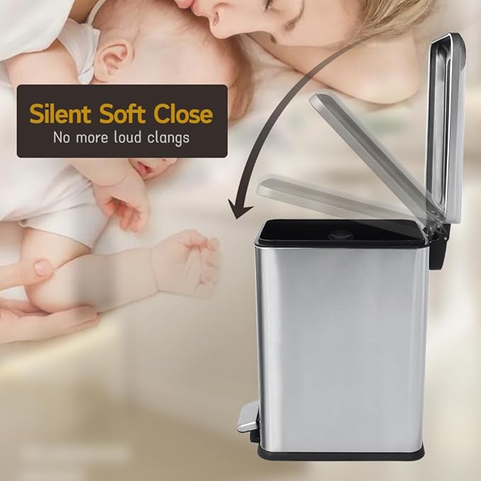 Bathroom Trash Can, 10 Liter / 2.6 Gallon Stainless Steel Garbage Can with Removable Inner Bucket, Soft Close Lid Step Trash Bin for Bedroom, Office, Kitchen, Brushed Silver-DeskLoop Office