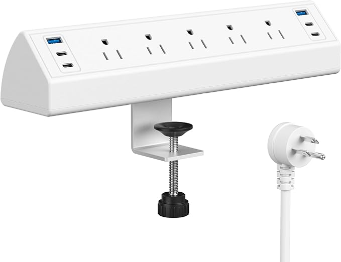 Jgstkcity Desk Clamp Power Strip USB C,40W Total Fast Charging Station,4 PD 20W USB C Ports,Desk Edge Mount Surge Protector,5 Outlets,Fit 1.96" Tabletop Edge,ETL Listed,White-DeskLoop Office