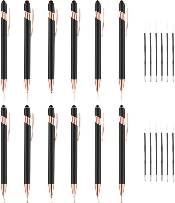 12 PCS 2 in 1 Stylus Ballpoint Pen with Stylus Tip, 1.0 mm Black Ink Metal Pen Stylus Pen for Touch Screens (Rose Gold & Black)-DeskLoop Office