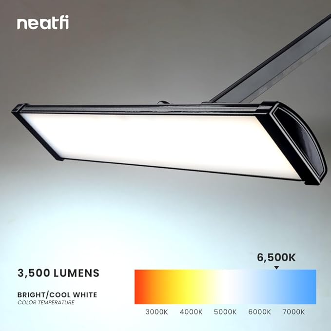 Neatfi Ultra 3,500 Lumen LED Desk Lamp, 45W, 26-Inch Wide Metal Shade, 270 SMD LEDs (Non-CCT with Clamp, Black)-DeskLoop Office