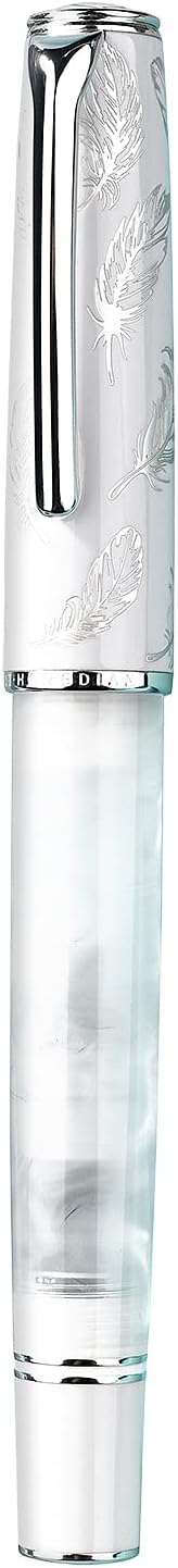 Hongdian N8 White Acrylic Resin Fountain Pen, Iridium Fine Nib Silver Plated Feather Carving Cap Smooth Writing Pen with Converter and Metal Pen Box Set-DeskLoop Office