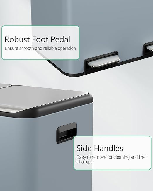 TLSUNNY Kitchen Dual Trash Can, 60L Hands-Free Stainless Steel Garbage Can, Classified Rubbish Bin with Double Compartments, Soft-Close Lid, Inner Bucket, Odor Control (60L) (Haze Blue)-DeskLoop Office